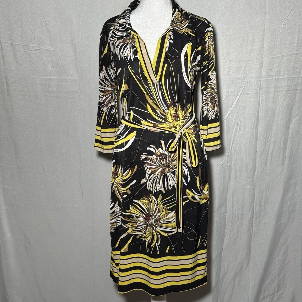 Mlle Gabrielle Wrap Dress Small Black Yellow Floral Tie Waist Casual Career